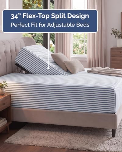 Image of Extra Deep Flex Top Split Head King Fitted Sheet - Hotel Luxury Single Fitted Sheet Only - Easily Fits 18 inch to 24 inch Mattress - Ultra Soft, Wrinkle Free w /Extra Deep Pockets - Blue Stripes 2
