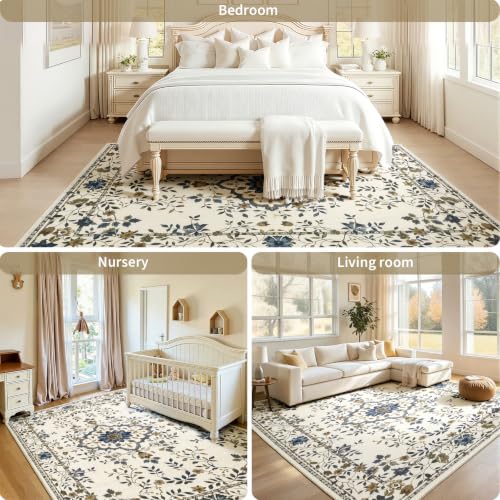 UKISS Washable Rugs 5'x7' Area Rugs for Living Room ，Ultra Silky Floral Rug for Bedroom, Vintage Indoor Floor Large Area Rug，Non Slip Low Pile Carpets for Home Office Blue - image 7