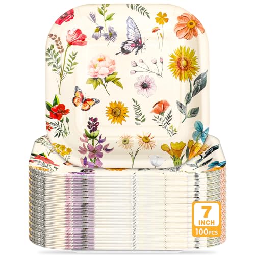 100 Pcs Floral Dessert Plates Bulk 7 x 7 Inch Disposable Vintage Wildflower Paper Plates Square Retro Floral Dessert Plates for Birthday Wedding Baby Shower Party Decor Supplies