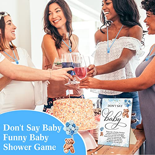 Image of Wesiti 51 Pcs Cool Baby Shower Game Wooden Sign Gift Sets 50 Baby Shower Pacifiers Necklace Acrylic Pacifier for Gender Reveal Party Favor(Bear,Blue)
