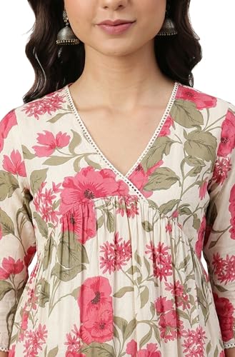 Image of Janasya Women's Pure Cotton Floral Printed Flared Kurta
