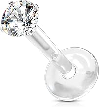 Tata Gisèle Piercing Labret Monroe en Acier Chirurgical 316L, Bio Flex et Oxyde de Zirconium - Zircon Rond Serti sur Tige d'acier Argenté ou Or Doré à Pousser sur Une Base Bio Flex -