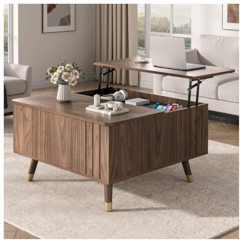 Image of JOINICE Square Lift Top Coffee Table with Storage for Living Room,Walnut | 32 inch Multi-functional Pop Up Center Table,Large Hidden Compartments with Solid Wood Legs,Lift to 23 inch,Hold 100lbs,Easy Assembly