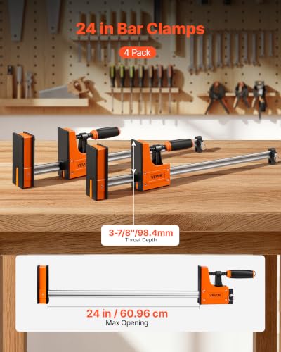 Image of VEVOR Bar Clamps for Woodworking, 4-Pack, 24 inch Opening F Clamps, 1500 lbs Load Limit, Clamp /Spreader 2 Modes, Soft Rubber Pads, Ergonomic Handle, Carbon Steel Bar, for Wood Working and Metal Working