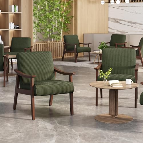 Image of Yaheetech Corduroy Accent Chair, Mid-Century Modern Armchair with Solid Wood Legs, Reading Leisure Chair with High Back for Living Room Bedroom Waiting Room, Set of 2, Dark Green