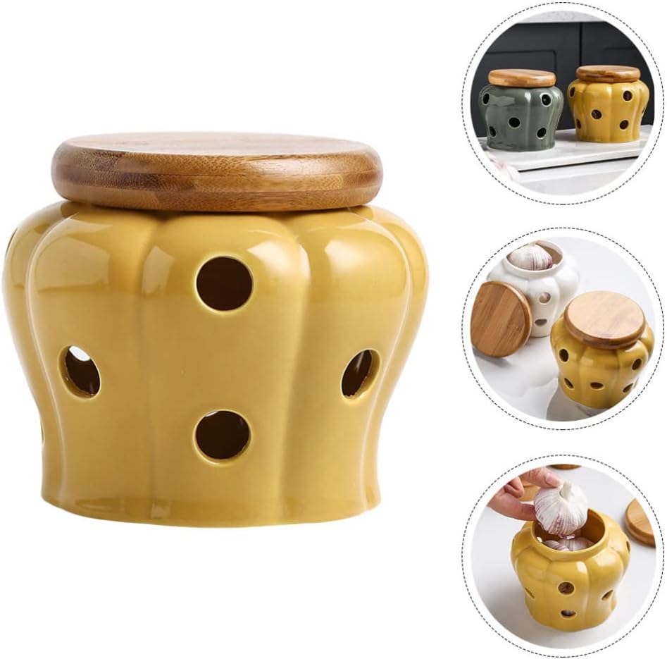Garlic Keeper for Counter Ventilated Garlic Container Pumpkin Shaped Garlic Jar Garlic Cellar Ceramic Garlic Storage Container with Lid for Home Kitchen Yellow(Yellow)
