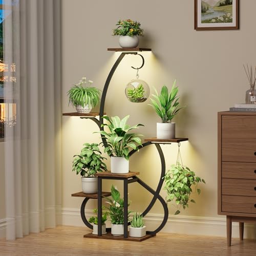 Plant Stand Indoor with Grow Lights, 6 Tiered Corner Plant Shelf , 47'' Plant Stands for Multiple Plants, Metal Curve Shaped Plant Holder Display Rack , Flower Stands for Living Room Patio Home Decor