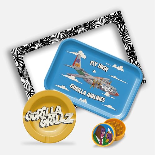 Gorilla Grillz Kit fumatore - Vassoio per arrotolare completo di posacenere e smerigliatrice biodegradabile - per persona fumatrice - Pack fumatore con vari accessori (padre) (Gorilla Airlines, 31 x