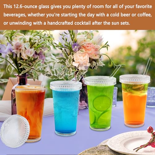 Shodiffy Verre avec Couvercle et Paille, 4 Pièces Verre a Eau 375ML Classique avec Bpaille et Brosse pour Soda Jus Lait Cocktail – vue 6