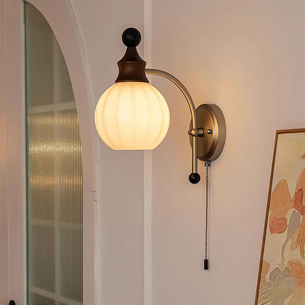 Drewniana metalowa lampa ścienna z włącznikiem, vintage kinkiet wewnętrzny biały szklany klosz lampka nocna E27 rustykalne kinkiety do sypialni salonu hotelu, nikiel