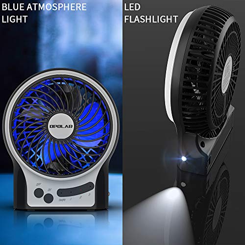 OPOLAR Mini Portable Battery Operated Desk Fan with 3-13 Battery Life, Rechargeable & USB powered Handheld Fan for Desk Beach Camping, 3 Speeds, Strong Airflow, Internal Blue Light& Side Flash Light