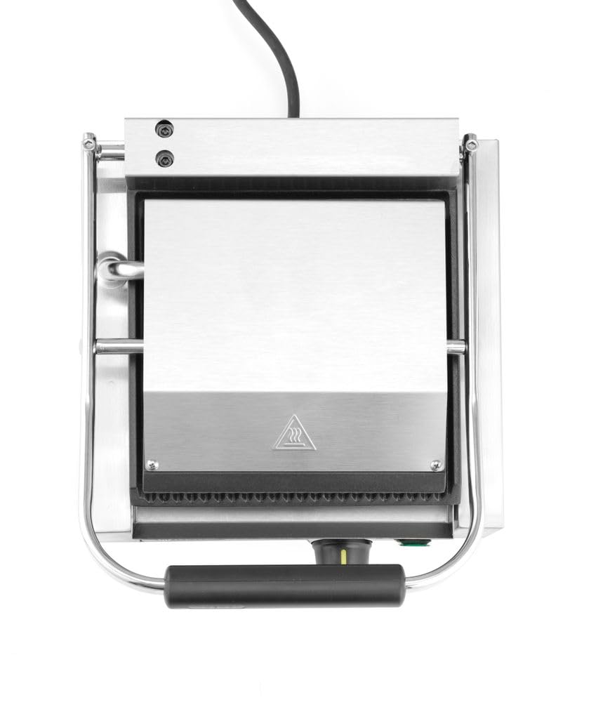 HENDI Kontaktgrill, einzeln, gerillte Ausführung, inkl. Grillreinigungsbürste, Temperatur bis 300°C regelbar, Grillfläche 220x232mm, Elektrogrill, 230V/1800W, 310x375x(H)216mm, Edelstahl