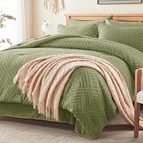 Image of Zzlpp King Comforter Set 7 Pieces, Army Green Tufted Bed in a Bag with Comforter and 2 Sheets, All Season Boho Bedding Sets with 1 Comforter, 2 Pillow Shams, 2 Pillowcases