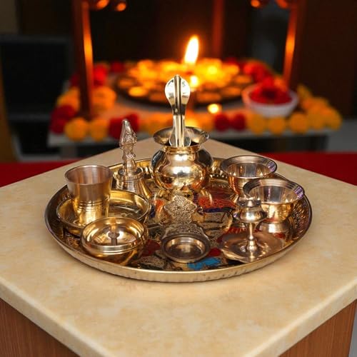 Image of Brass 9 Inch Minakari Pooja Thali Set With 10 Items Including Ghanti, Kalash, Udarni, Kuber Diya, Agarbati Stand, 2 Kumkum Bowls, Kapoor Aarti, 1 Glass and 1 Prasadam Plate | Weight : 670 Grams