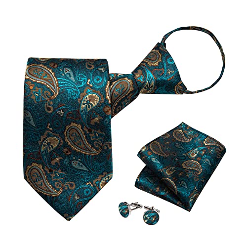 Image of DiBanGu Silk Zipper Ties for Men,Paisley Solid Plaid Pre-tied Tie and Pocket Square Cufflinks Set Formal Adjustable Necktie