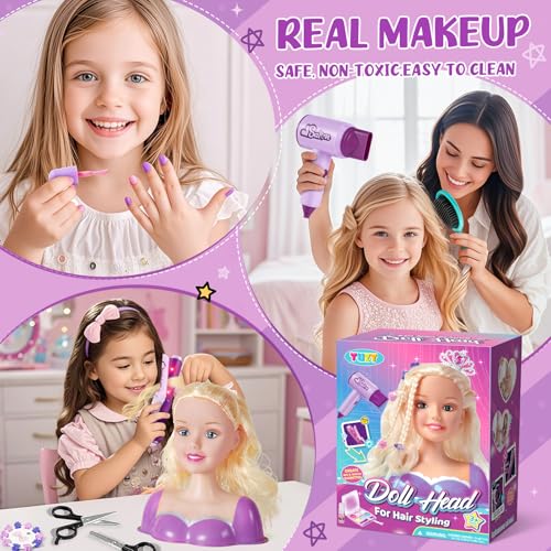 TUZT Hair Styling Doll Head Makeup Kit for Girls Toys, Hair Salon Toys & Real Makeup Nail Polish, Kid Beauty Hair Stylist with Hairdryer Curling Iron, Birthday Gift for Girl 3 4 5 6 7 8+ Year Old Toy