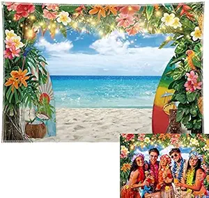 YCUCUEI 7x5ft Fabric Summer Hawaiian Beach Photography Backdrop Tropical Flower Palm Leaves Surfboard Background Aloha Luau Decorations Photo Banner