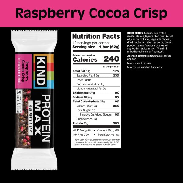 Image of KIND Protein MAX Bars, Raspberry Cocoa Crisp, Gluten Free, Low Sugar, High Fiber Snacks, 20g Protein, 12 Count