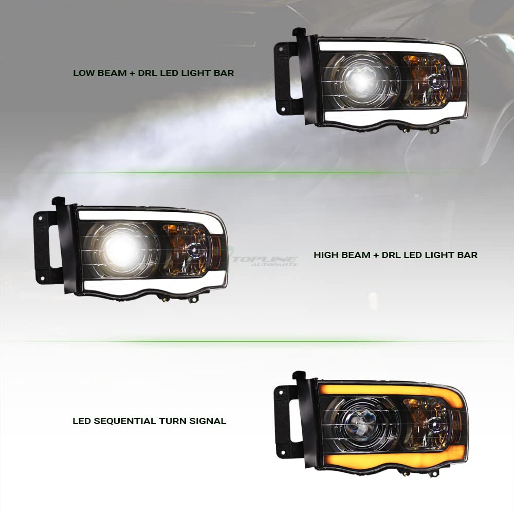 Black Housing Headlights With Amber Reflector For 2002-2005 Dodge Ram 1500/2500 – Pair – DOT/SAE