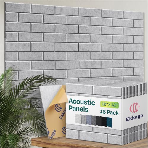 Image of Acoustic Wall Panels 18-Pack, 12 inchx12 inchx0.4 inch Decorative Self-Adhesive Sound Proofing | High Density 3D Brick Soundproof Absorbing Tiles for Walls, Home, Office & Studio - Light Gray