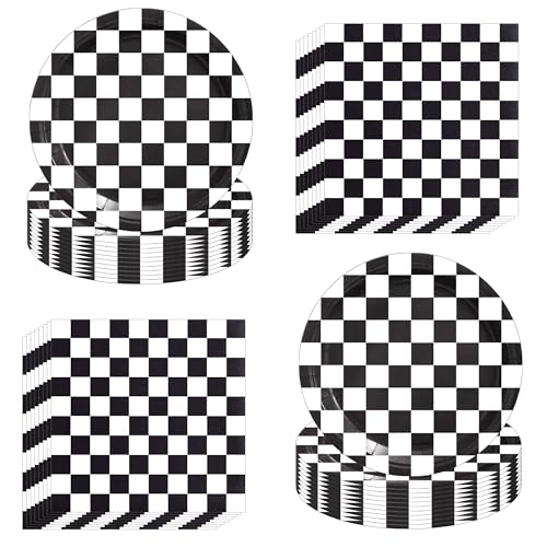 Black and White Checkered Birthday Party Plates and Napkins for 30 Guests 70 Pcs Checkered Party Supplies Disposable Tableware Set for Race Car Theme Birthday Party Supplies