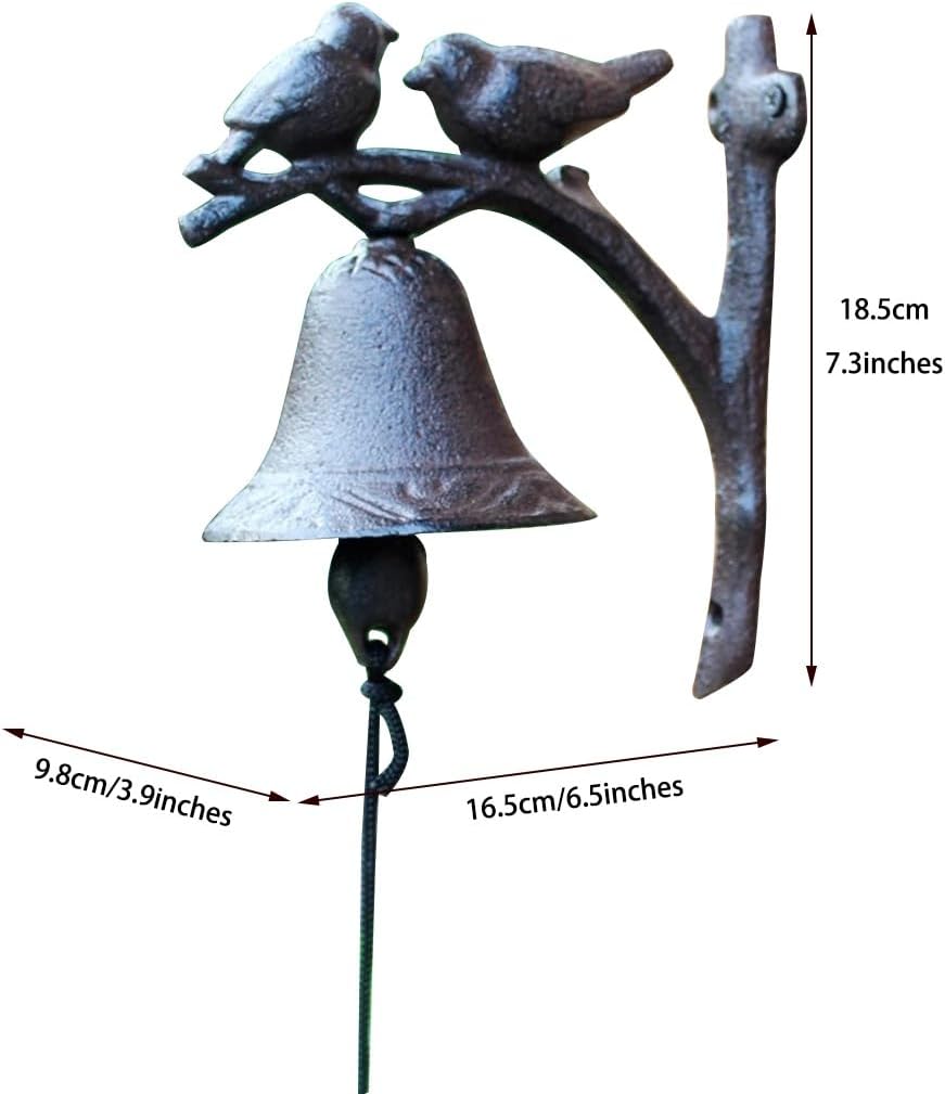 Classic Cast Iron Doorbell-Double Bird Decoration, Weather-Resistant Handmade Wall Bell for House, Patio & Gate, Pull Rope/Easy to Install