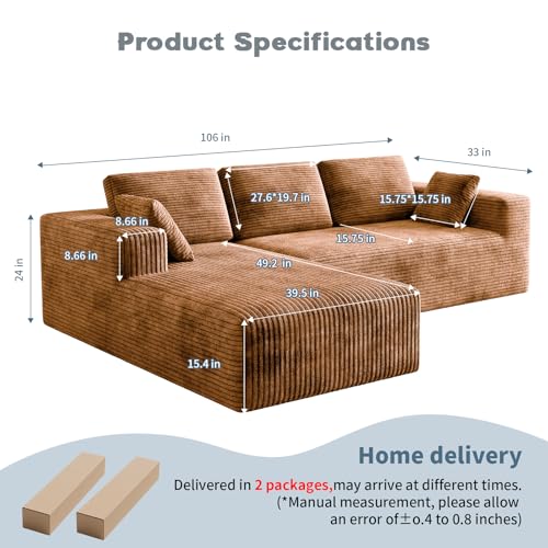 Image of 106 inch Corduroy Sectional Couch, Boneless L Shaped Couch with Deep Seat, Cloud Foam Sofa with Oversized Chaise, Sectional Sofa No Assembly Needed for Living Room