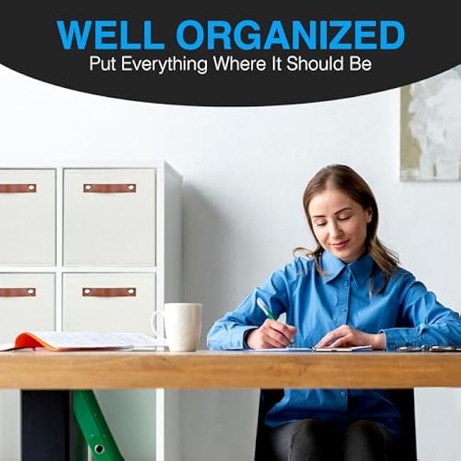 13x13 Storage Cubes - 6 Pack - Linen Fabric 13 Inch Cube Storage Bins for Bedroom, Living Room, Clothes and Toys; Foldable, Dual Leather Handles