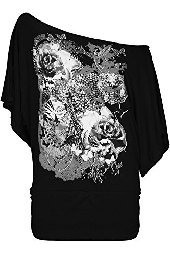 Women's Roses Butterfly Off Shoulder Bardot Batwing Sleeve Tops Plus Size (US 16/18) Black