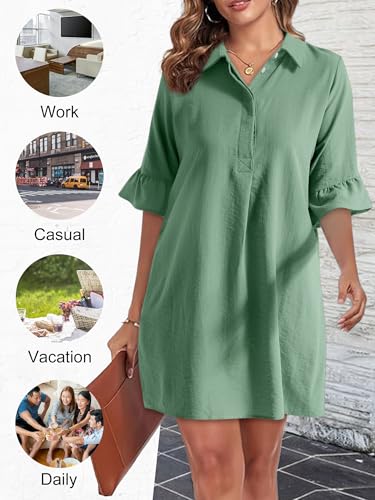 Image of HUHOT Womens Casual Shirt Dress Business Work Ruffle Sleeve Button Down Solid Color Summer Dress with Pockets