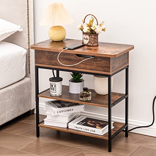 Doubuy Flip End Table With Charging Station, Narrow End Table With Usb-C & Power Outlets For Small Spacse, Nightstand With Storage Shelves, Side Table For Living Room, Bedroom, Office #TOP15