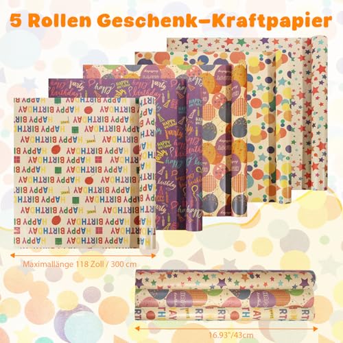 5 Rollen Geschenkpapier Geburtstag, 43cm x 3m Geschenkpapierrolle Kraftpapier Geschenkpapier Set mit Hanfseil & Klebeband für Geburtstage Hochzeiten Babypartys Weihnachten