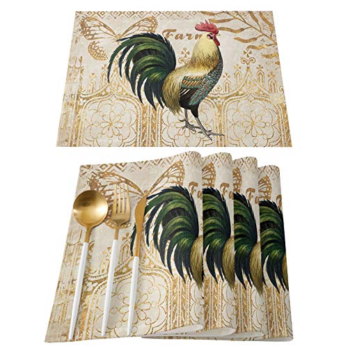 Placemat Set Of 6 Rooster Illustration Vintage Butterfly Texture Background Heat Resistant Kitchen Table Mats Washable Burlap Placemats For Dining Table Outdoor Holiday Placemats Party Decorations #TOP3