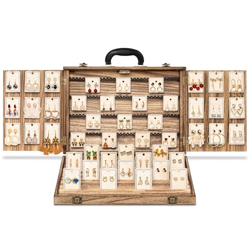Yoimori Earring Display for Selling, Portable Wood Jewelry Display Case, Large Capacity Jewelry Display for Selling, Earring Card Holder Organizer with Lock for Earrings, Bracelets, Necklaces