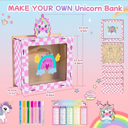 Unicorn Pink Money Bank for Girls, Wooden Money Saving Box for Kids, Painting Various Goal Boards, Cute Personalized Wood Coin Bank with Counter, Creative Arts & Crafts Cash Vault for Toddler Gifts