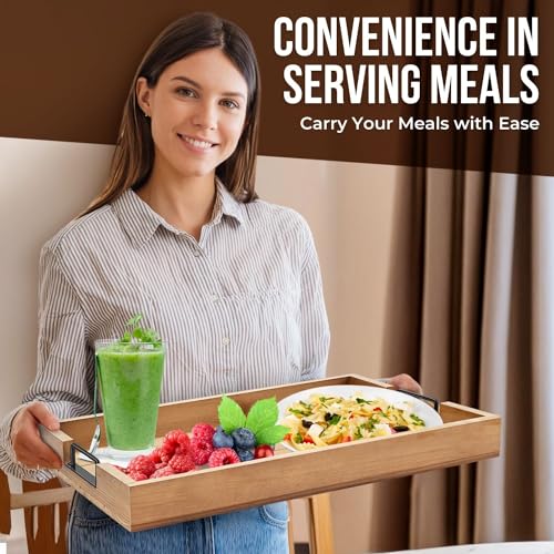 Flexzion Rustic Serving Set - 3-piece Fir Wood Serving Trays with Handle, Stackable Charcuterie Tray for Ottoman Coffee Table, Food & Decor Set - Image 7