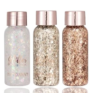 Body Glitter Gel Holographic Glitter Liquid for Festival Make Up 3 Colors Set Face Glitter Sequins Chunky for Hair and Eyeshadow(Gold,Brown,Mermaid)