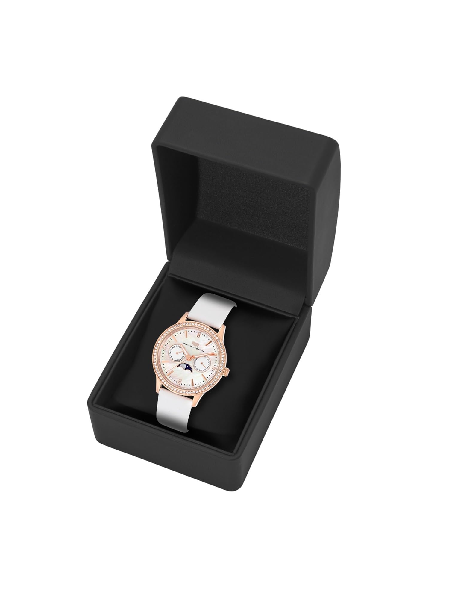 Rhodenwald & Söhne Damen Uhr analog Quarzuhrwerk Multifunktion(en) mit Echtleder-Armband weiß Verziert mit Kristallen - Armbanduhr Roségold 10010434