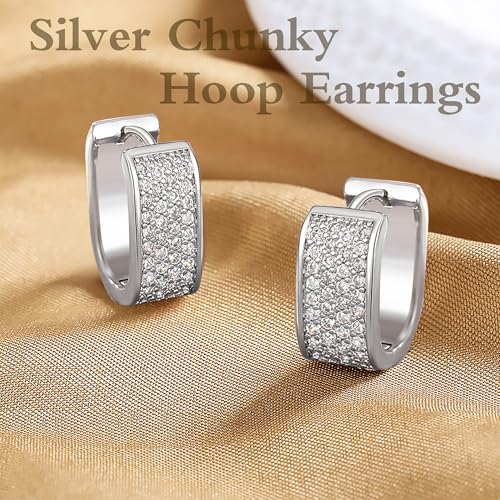 925 Sterling Silver Earrings for Women Small Chunky Silver Earrings Cubic Zirconia Small Hoop Earrings Silver Hypoallergenic Earrings Small Thick Huggie Hoops Earrings for Jewelry Gifts4