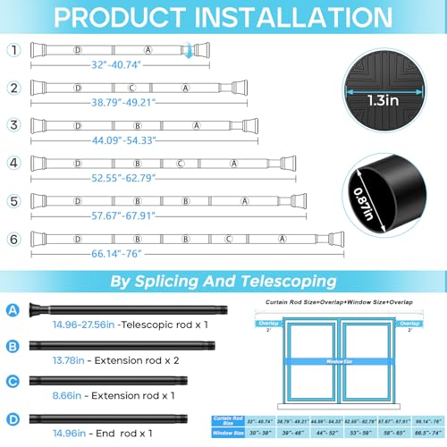 Image of 4 Pack Spring Tension Curtain Rod 32-76 inch, Adjustable Expandable Tension Curtain Rod No Drilling, Tension rods for Window Doorway Kitchen Curtain, Black