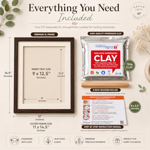 Image of Adult, Couple, Blessings Clay Handprint & Footprint Kit with XL Box Frame (37cm x 28cm x 2.5cm) & Impression Clay (750 GMS) (Brown Frame-White Clay)