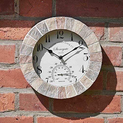 HomeZone® Large modern Slate Effect wall clocks garden ornaments outdoor indoor Wall Clock Decorative waterproof clock wall outdoor thermometer wall thermometer indoor