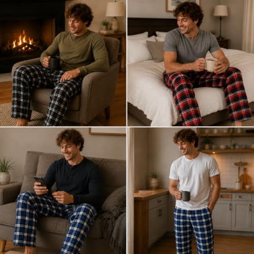Image of Essential Elements Mens 3 Pack PJ Cotton Flannel Plaid Pajama Lounge Pants