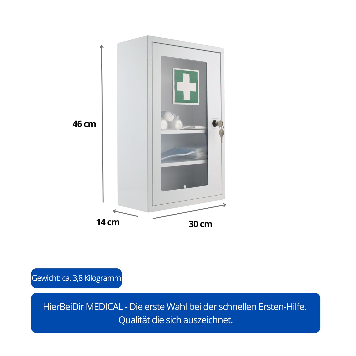 Botiquín de primeros auxilios con ventana y DIN 13157:2021, botiquín con 3 compartimentos, cerradura de seguridad, metal, medidas: 46 x 30 x 14 cm, armario para medicamentos para colgar y espacio para