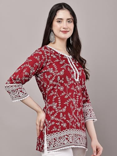 Image of Women's Pink Printed Short Kurti with Lace Trim, 3 /4 Sleeves, Ethnic Indian Style Top