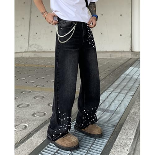Men Baggy Pearl Jeans Straight Oversized Denim Pants Streetwear4