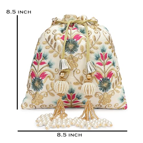 Image of LONGING TO BUY Indian Embroidered Pearl Potli Bag For Women, Sequence Design with Tassel, Wedding Potli Bags