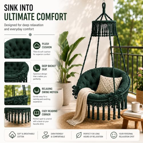 Image of Premium King Size Hammock Chair Swing with Cushion, 200kg Capacity | Indoor Outdoor Heavy Duty Adults & Kids Hanging Jhula for Home, Garden, Patio & Balcony | 1Yr Warranty (Bottle Green)