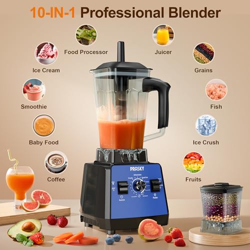 Image of Professional Blender, Smoothies Blenders, PRASKY Max.2400Watts /1000Watts Blender and Grinder Combo 25000RPM Powerful Kitchen Blenders 68oz BPA Free 2 Containers Countertop Blenders for Ice(Blue)