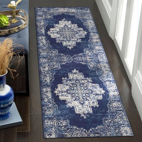 vivorug Runner Rug 2'x8' Machine Washable Non-Slip Runners for Hallways Kitchen Entryway Laundry Room Vintage-Inspired Carpet Hallway Runner Navy Blue